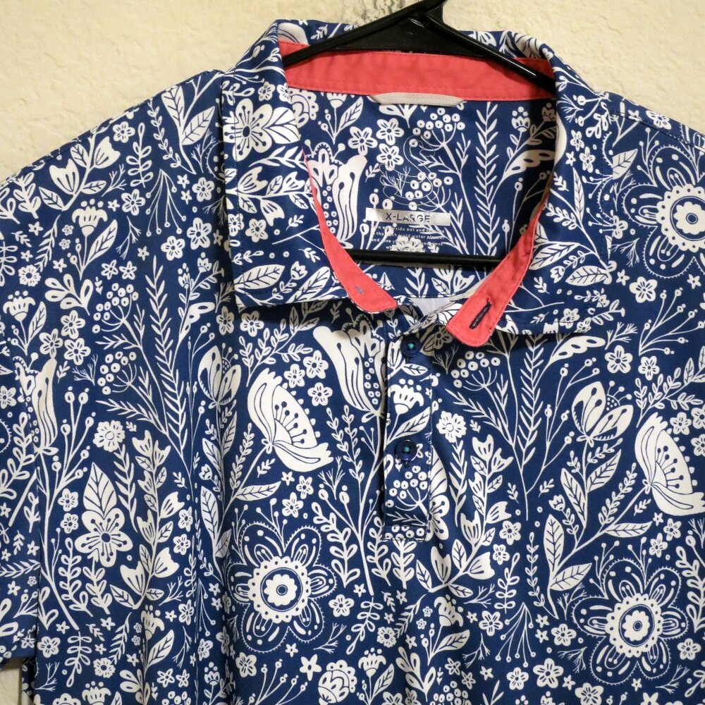 Swannies Shirt Mens XL Short Sleeve Golf Performance Polo Blue White Flowers